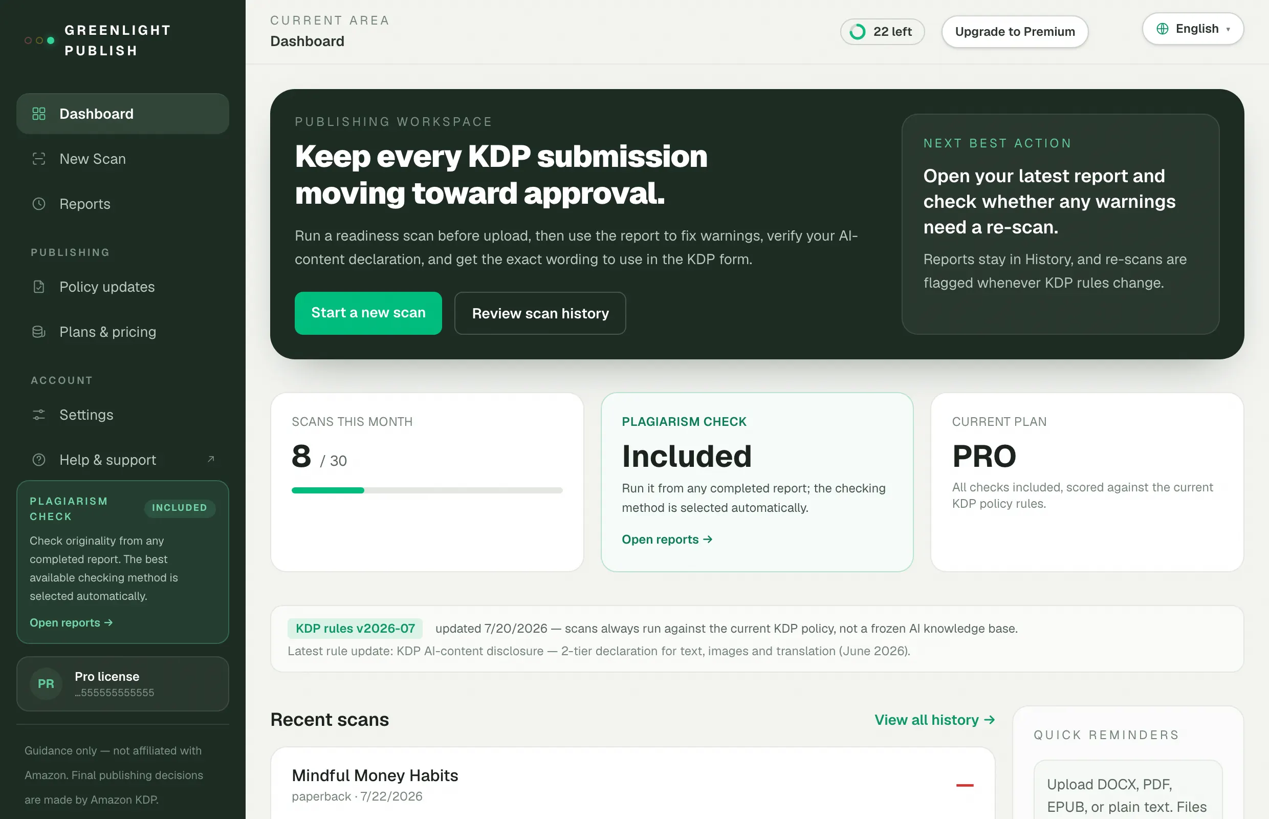 Greenlight Publish dashboard — scan allowance, included plagiarism checking, current plan and policy version