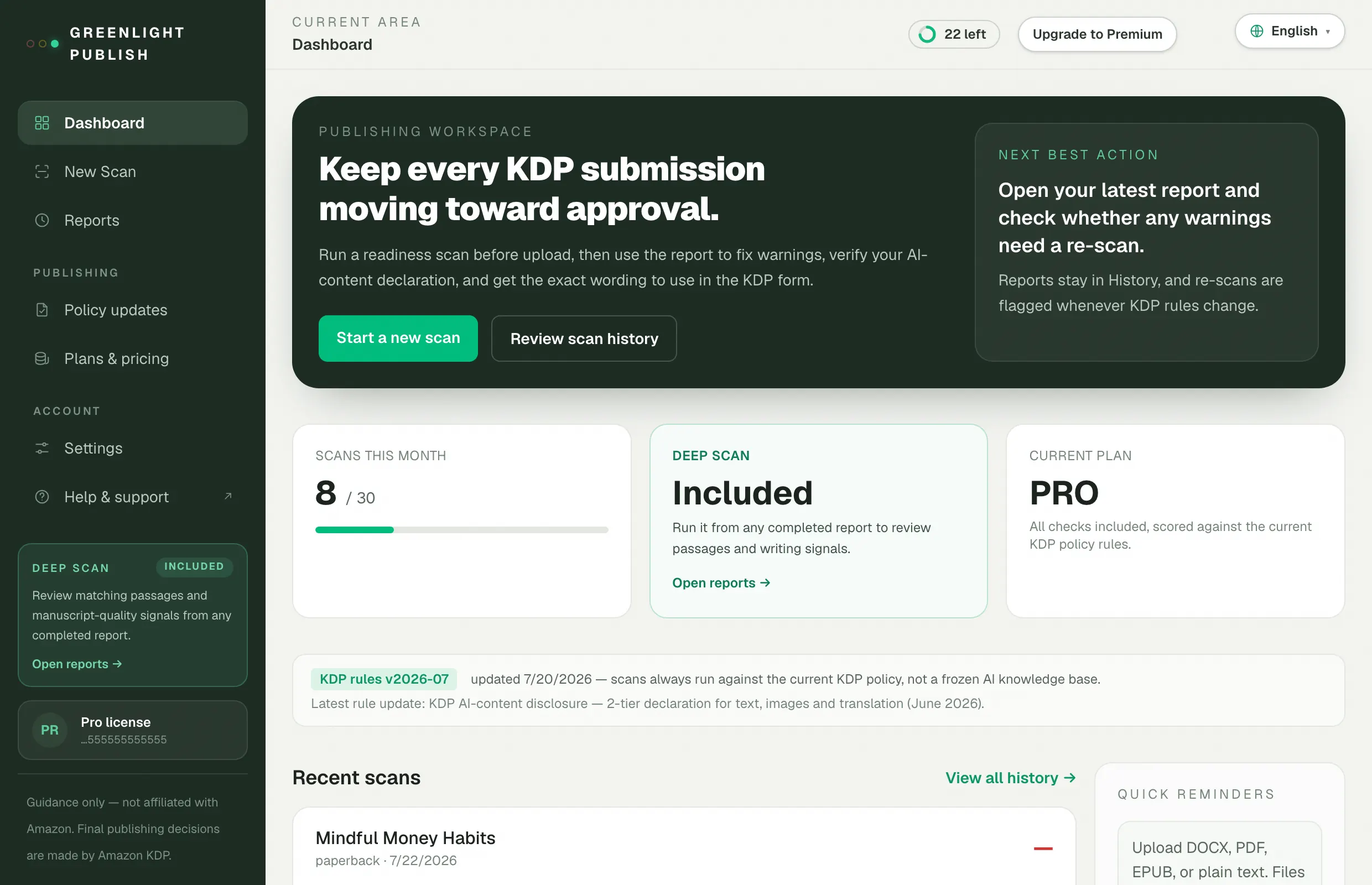 Greenlight Publish dashboard — monthly scan allowance, current plan and policy version