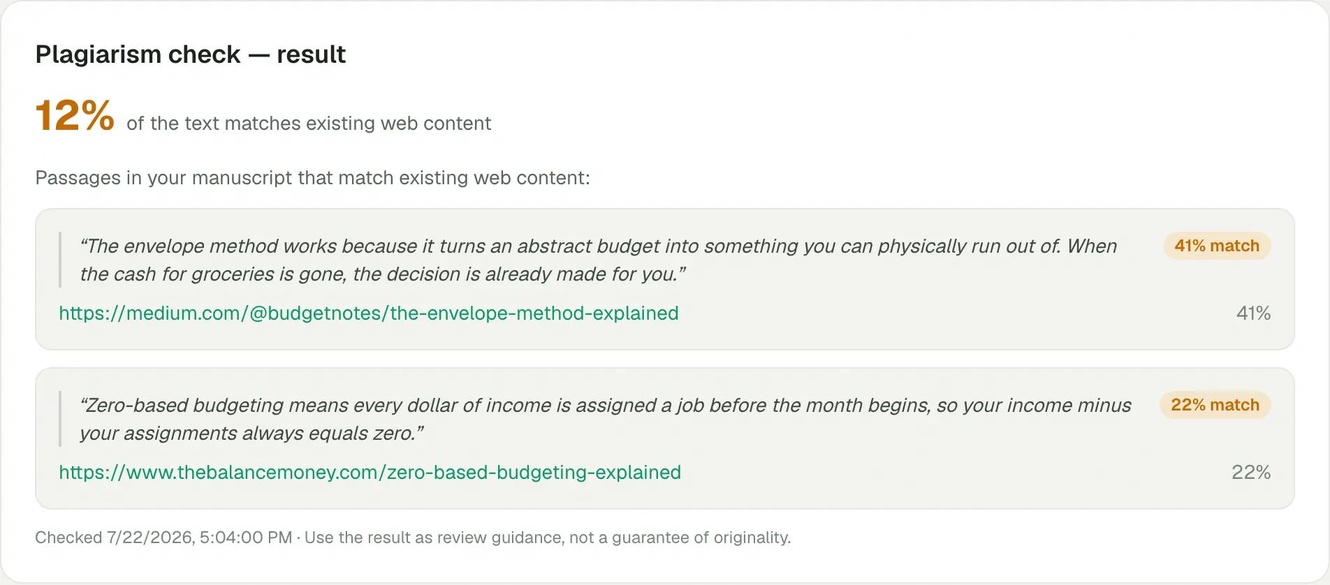 Plagiarism check result — flagged passages and evidence