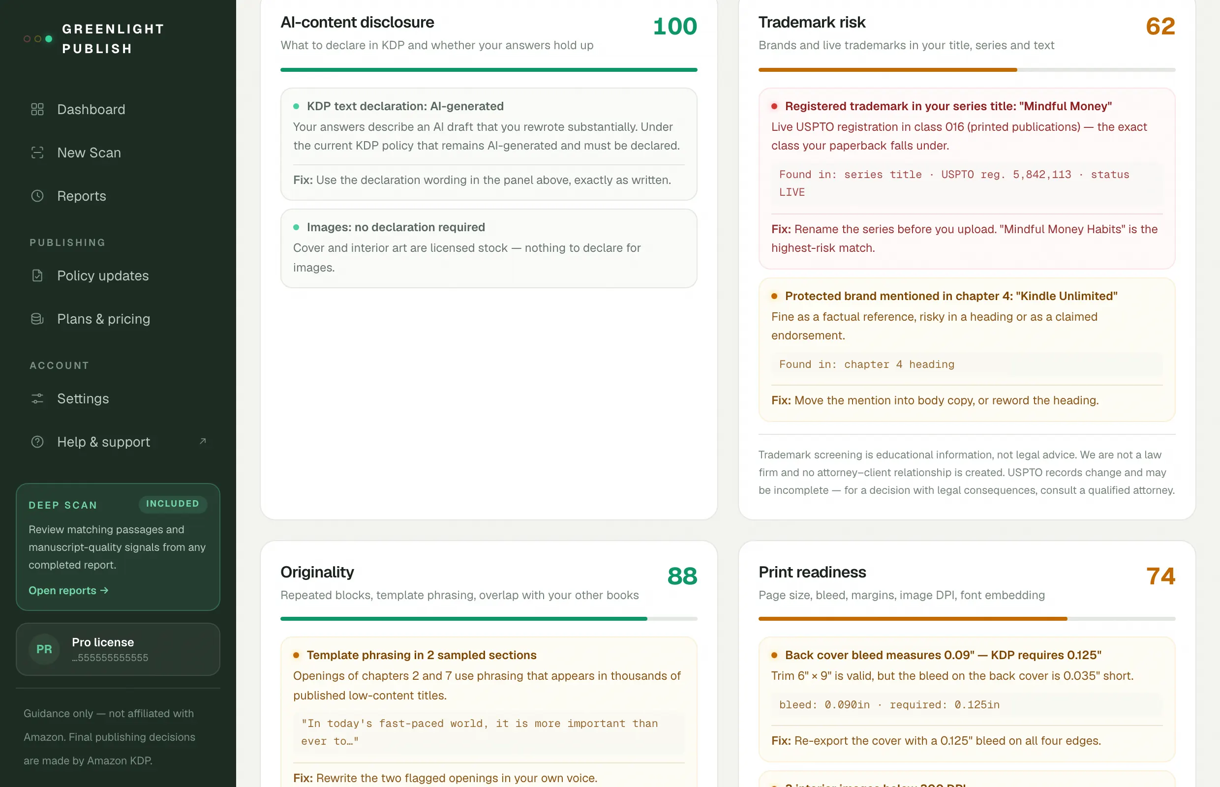 Module cards — all four checks scored, each with its evidence