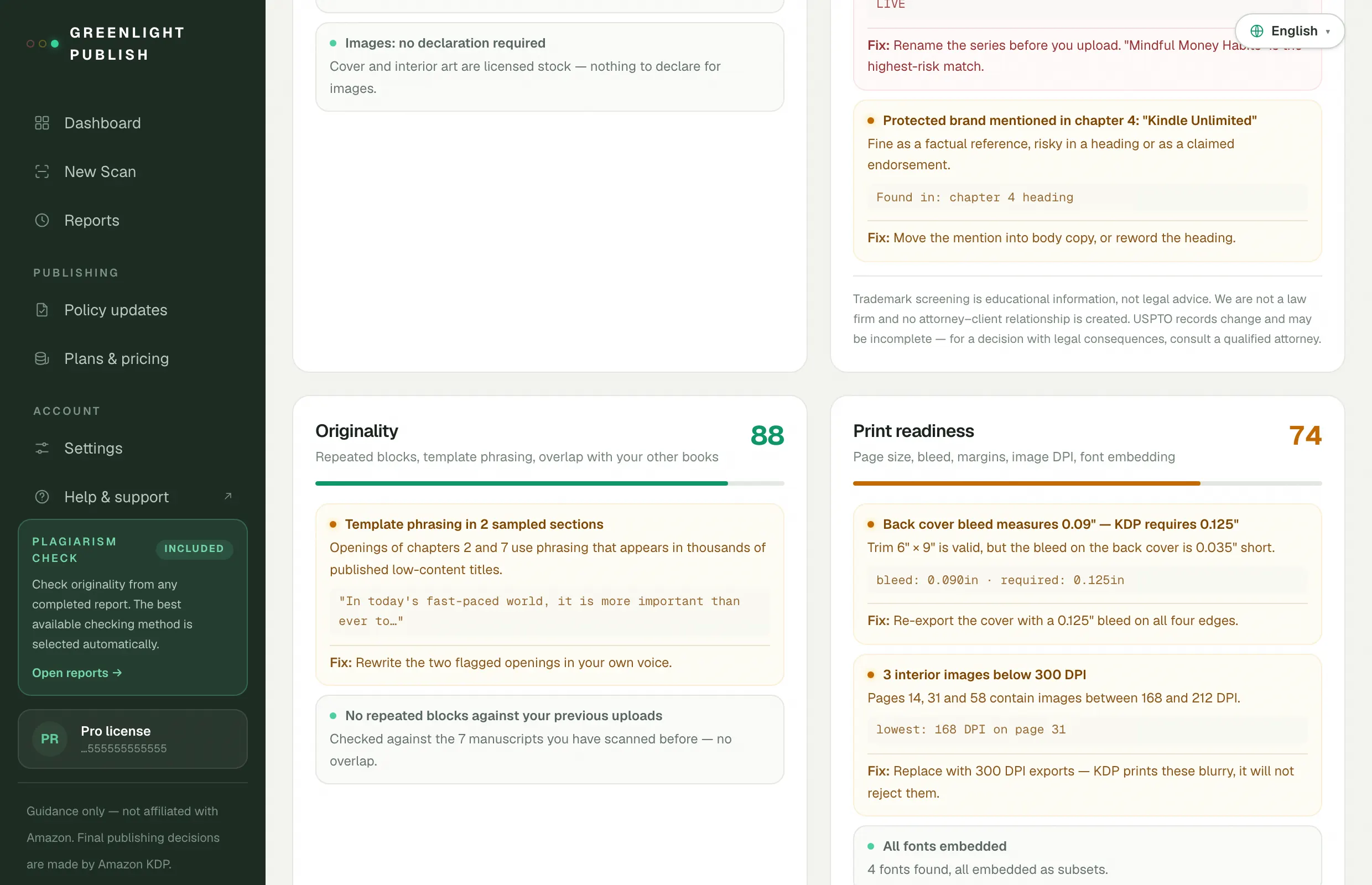 Module cards — AI-content disclosure and trademark risk findings