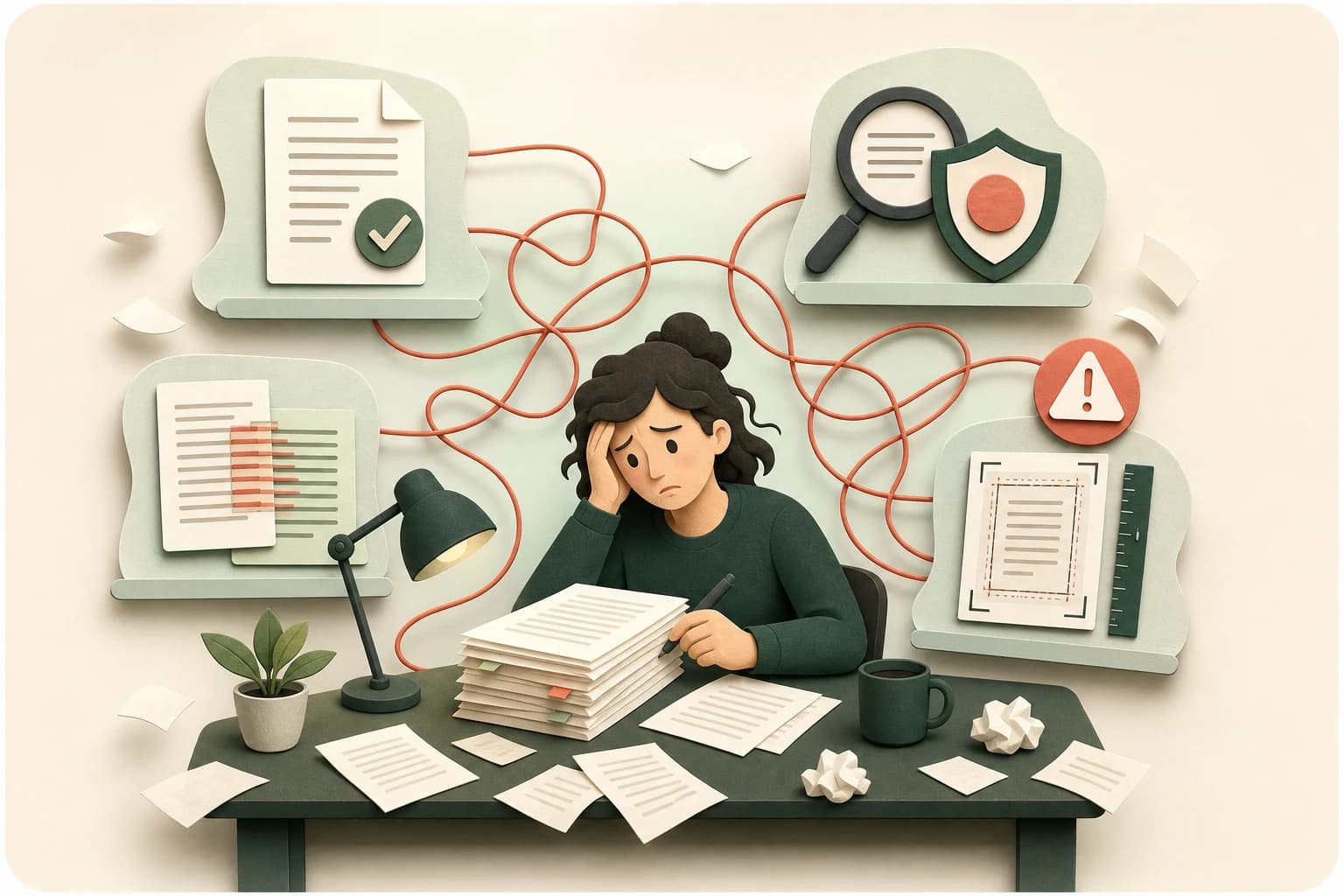An overwhelmed KDP author surrounded by four disconnected policy, trademark, originality and print-readiness checks