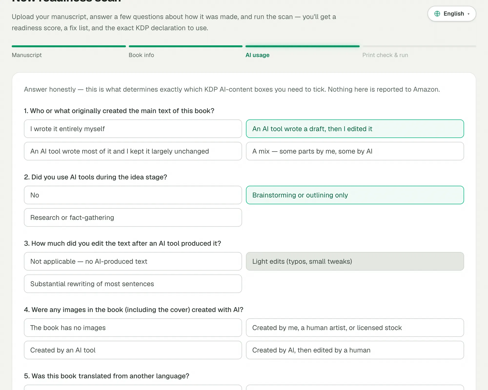 New readiness scan wizard — the AI-usage questionnaire